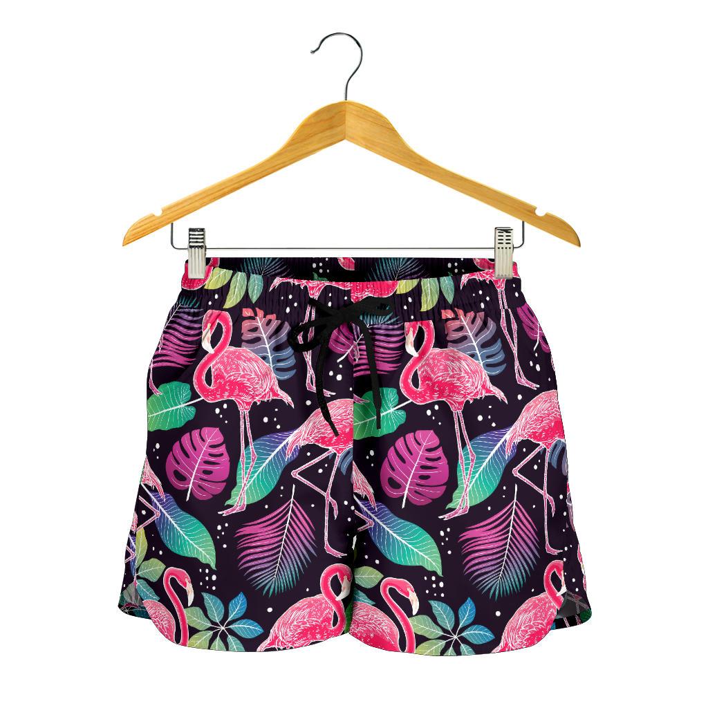 Flamingo Tropical leaves Neon Print Women Shorts-JTAMIGO.COM