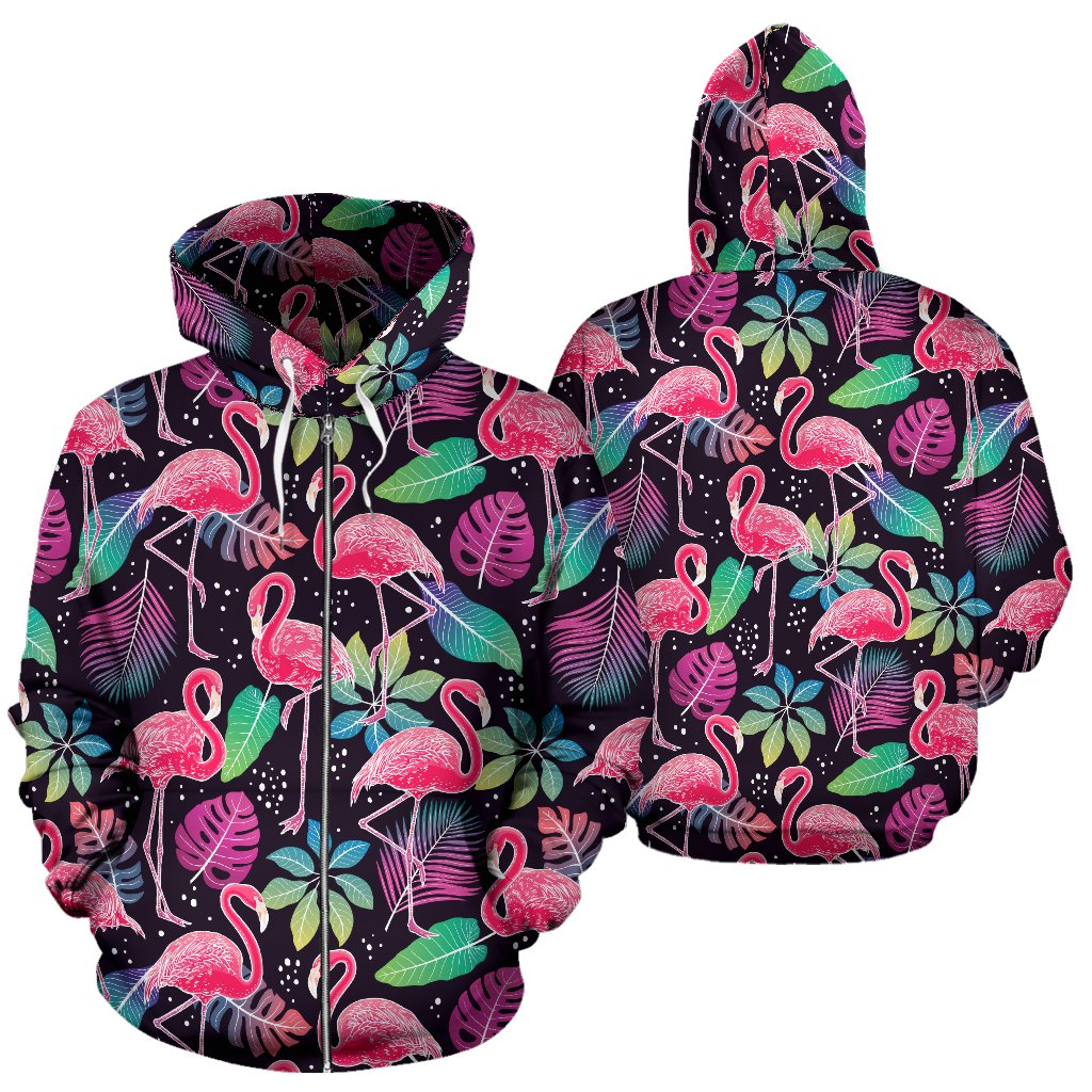 Flamingo Tropical Leaves Neon Print Zip Up Hoodie