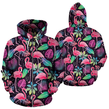 Flamingo Tropical Leaves Neon Print Zip Up Hoodie
