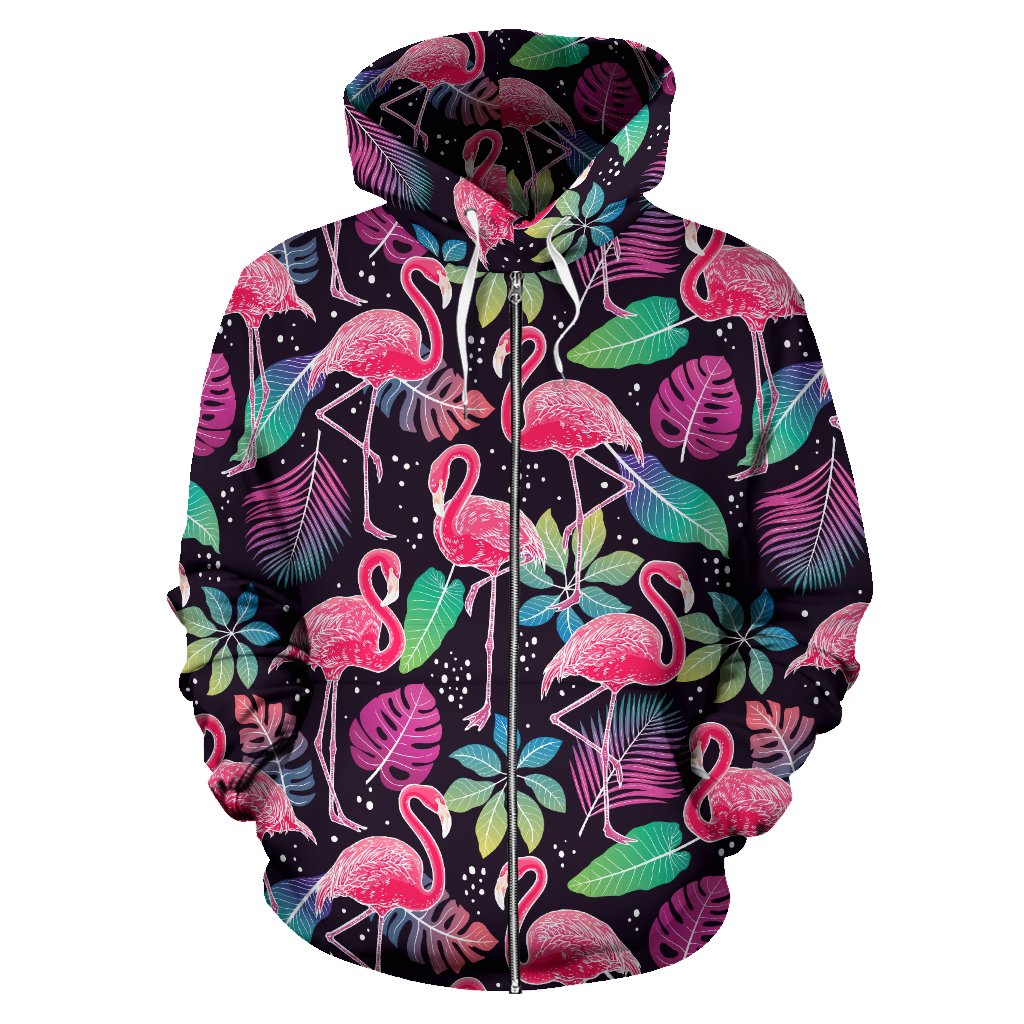 Flamingo Tropical Leaves Neon Print Zip Up Hoodie