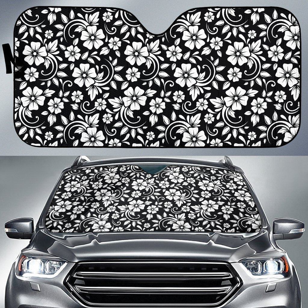 Floral Black White Themed Print Car Sun Shade For Windshield