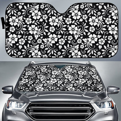 Floral Black White Themed Print Car Sun Shade For Windshield