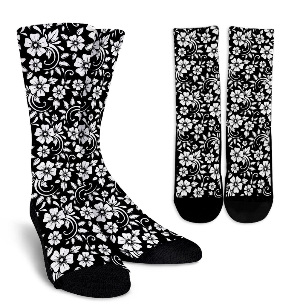 Floral Black White Themed Print Crew Socks