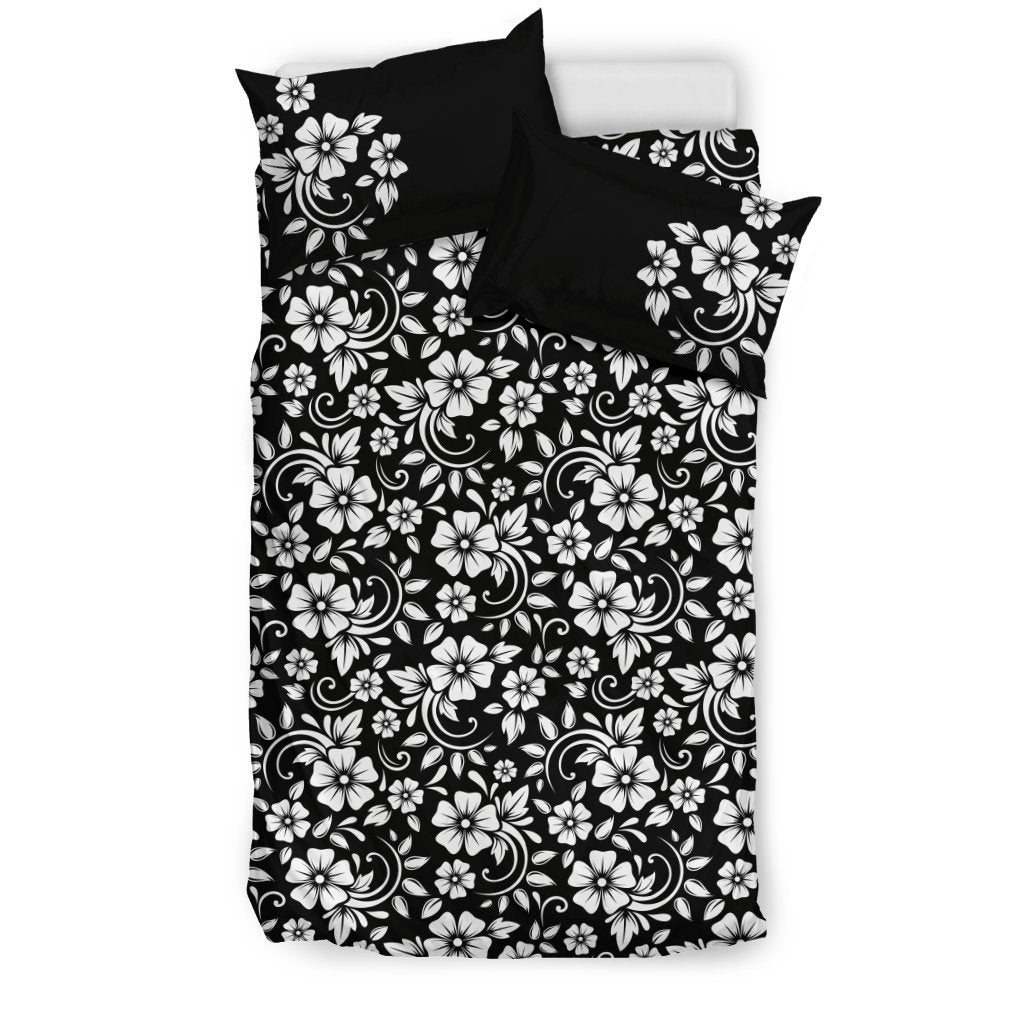Floral Black White Themed Print Duvet Cover Bedding Set