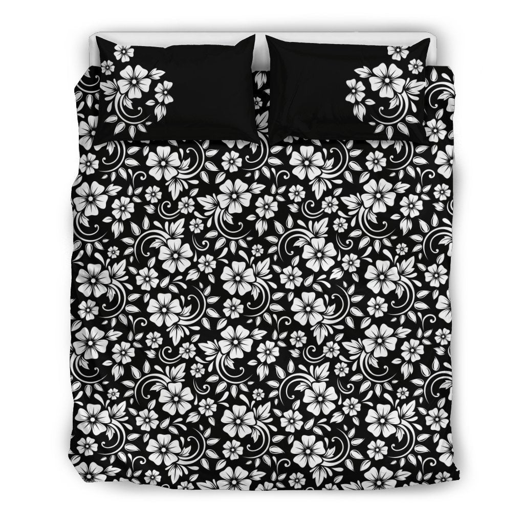 Floral Black White Themed Print Duvet Cover Bedding Set