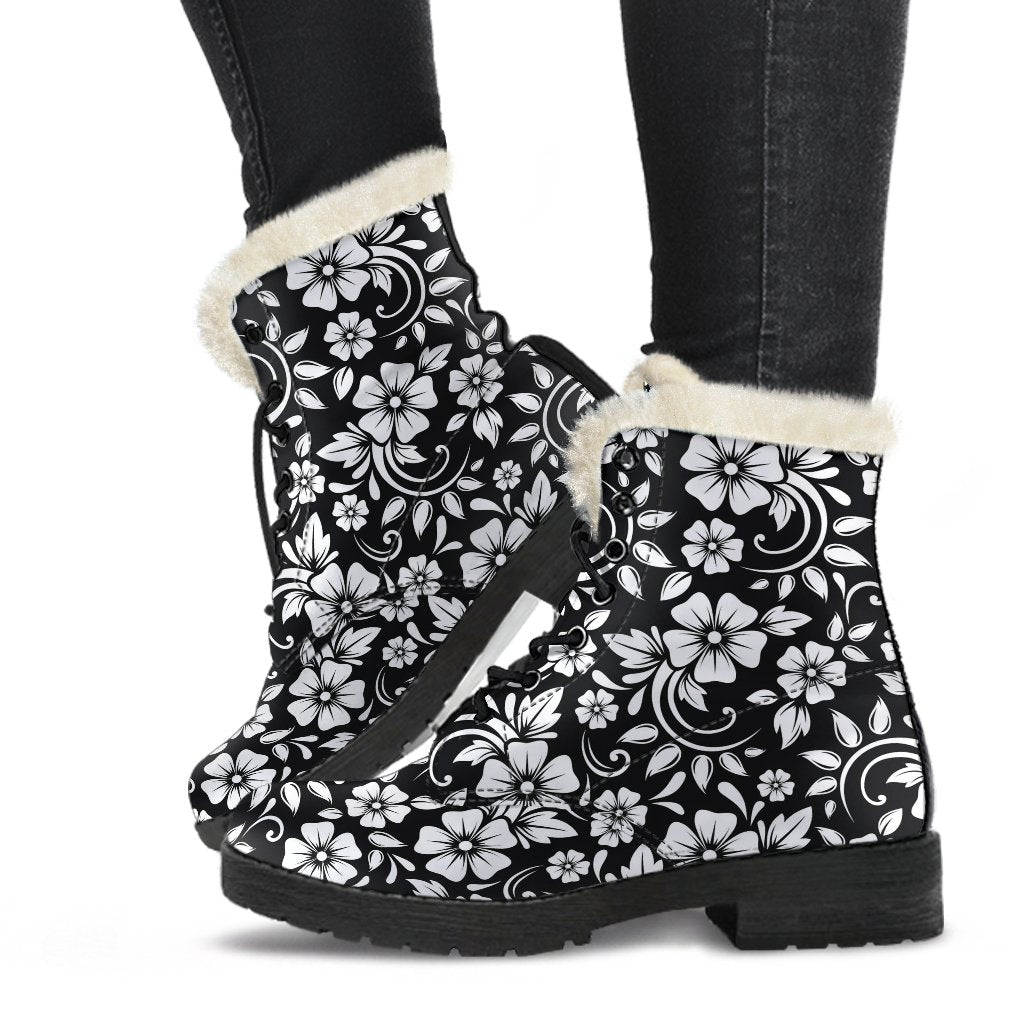 Floral Black White Themed Print Faux Fur Leather Boots-JTAMIGO.COM