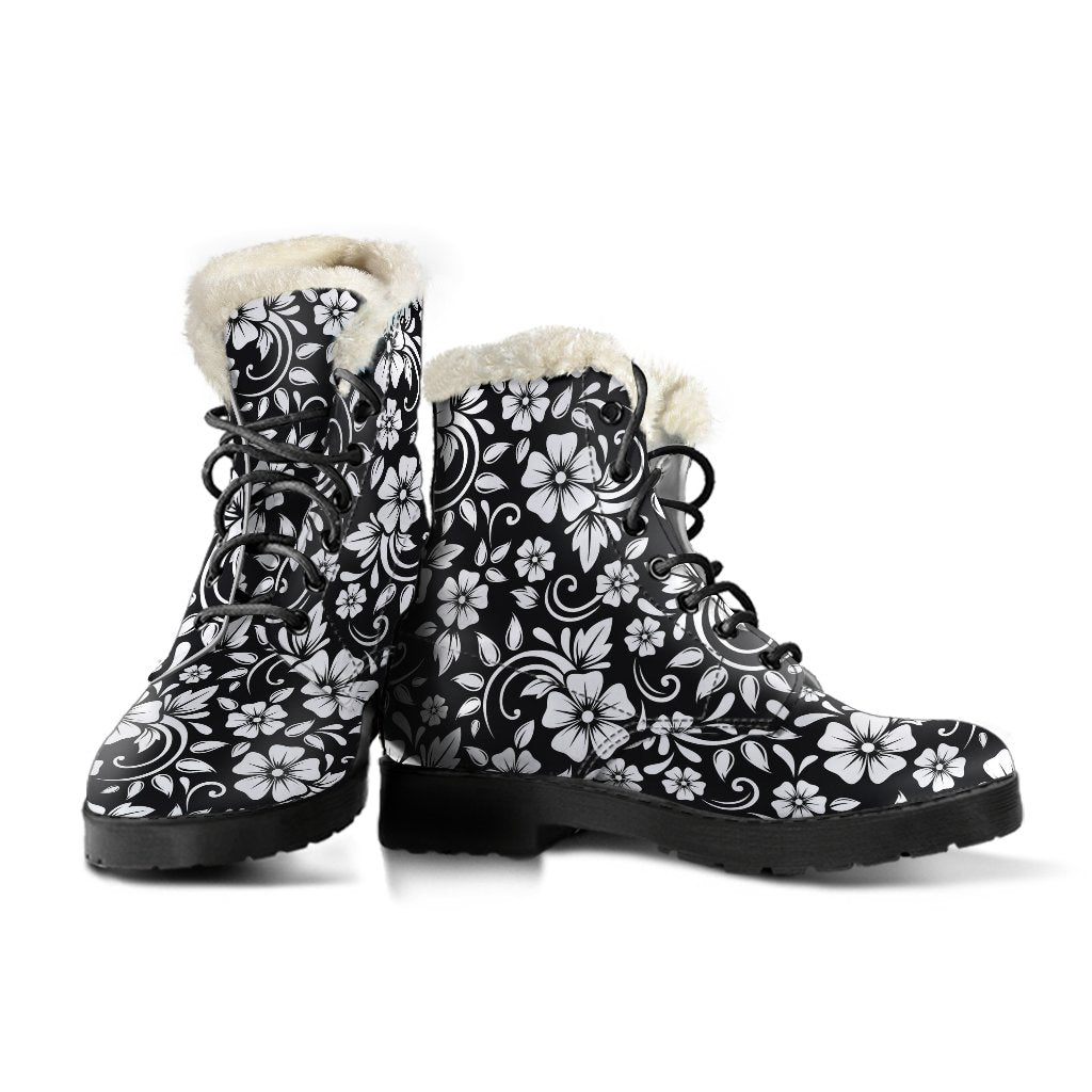 Floral Black White Themed Print Faux Fur Leather Boots-JTAMIGO.COM