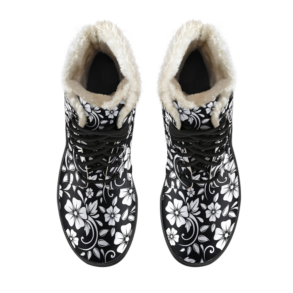 Floral Black White Themed Print Faux Fur Leather Boots-JTAMIGO.COM