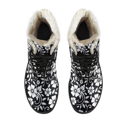 Floral Black White Themed Print Faux Fur Leather Boots-JTAMIGO.COM