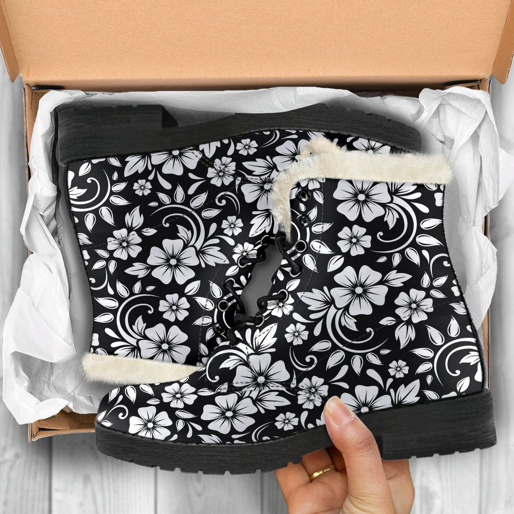 Floral Black White Themed Print Faux Fur Leather Boots-JTAMIGO.COM