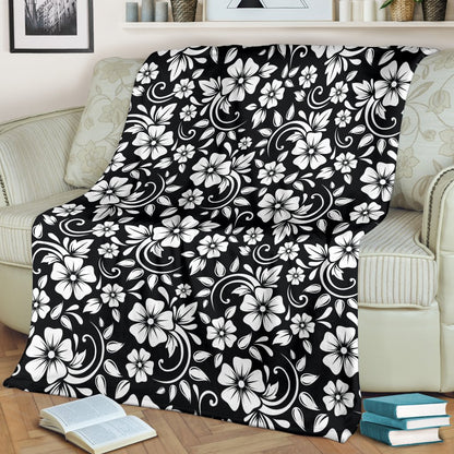 Floral Black White Themed Print Fleece Blanket