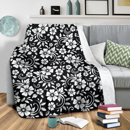 Floral Black White Themed Print Fleece Blanket