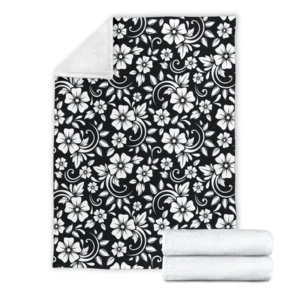 Floral Black White Themed Print Fleece Blanket