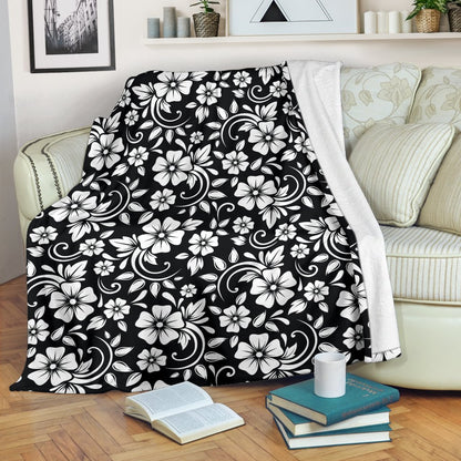 Floral Black White Themed Print Fleece Blanket