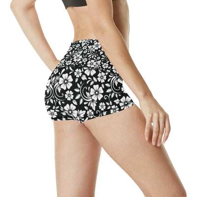 Floral Black White Themed Print High Waisted Spandex Shorts-JTAMIGO.COM