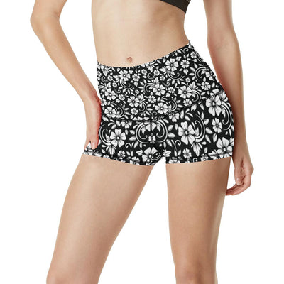 Floral Black White Themed Print High Waisted Spandex Shorts-JTAMIGO.COM