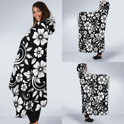 Floral Black White Themed Print Hooded Blanket-JTAMIGO.COM