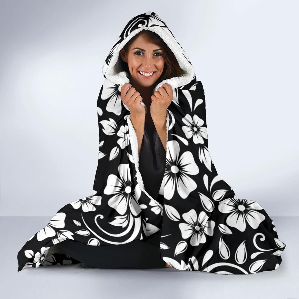 Floral Black White Themed Print Hooded Blanket-JTAMIGO.COM