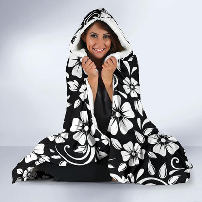 Floral Black White Themed Print Hooded Blanket-JTAMIGO.COM