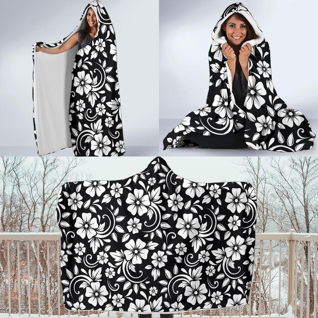 Floral Black White Themed Print Hooded Blanket-JTAMIGO.COM