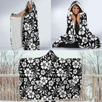 Floral Black White Themed Print Hooded Blanket-JTAMIGO.COM