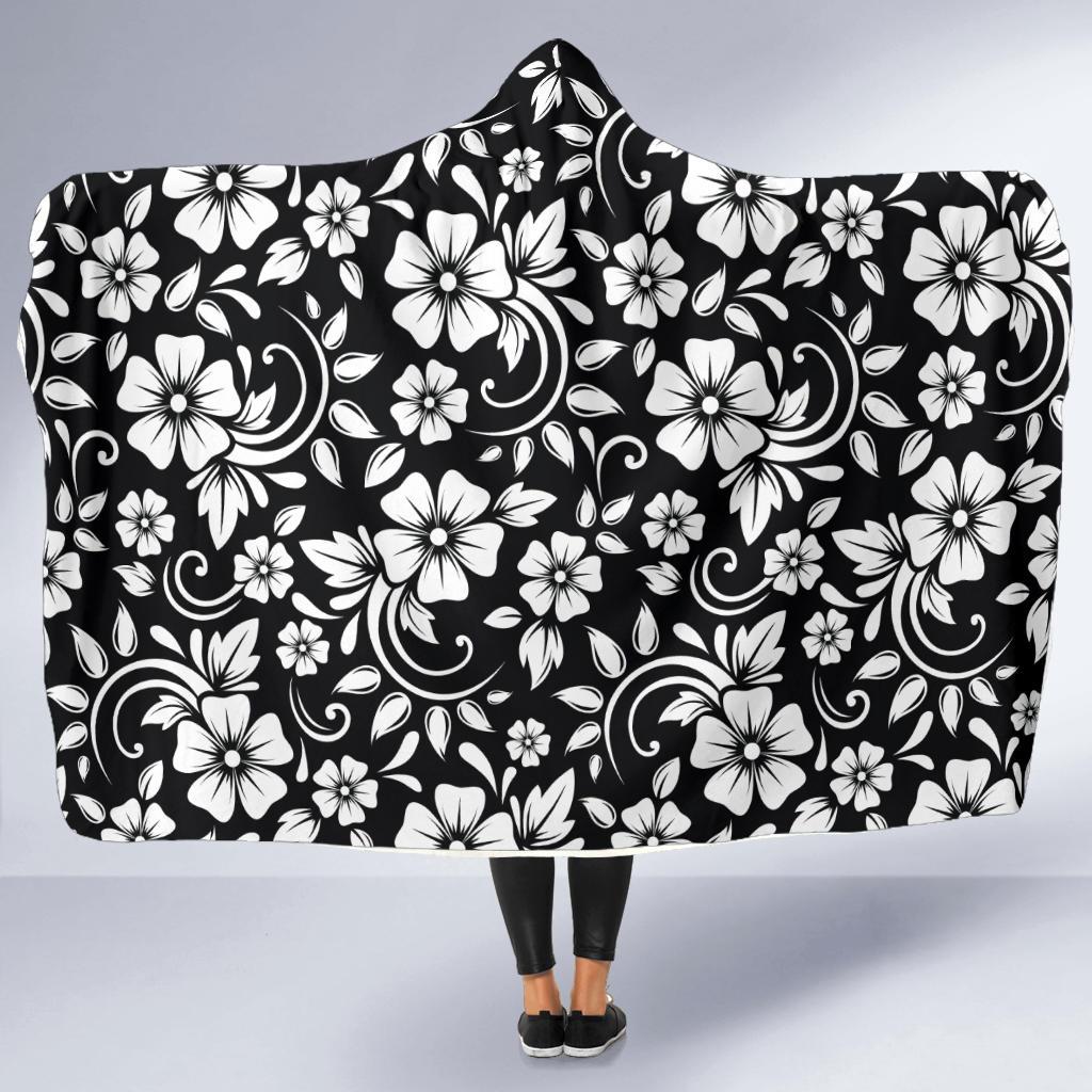 Floral Black White Themed Print Hooded Blanket-JTAMIGO.COM