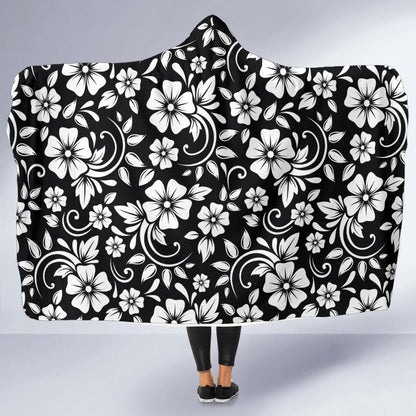 Floral Black White Themed Print Hooded Blanket-JTAMIGO.COM