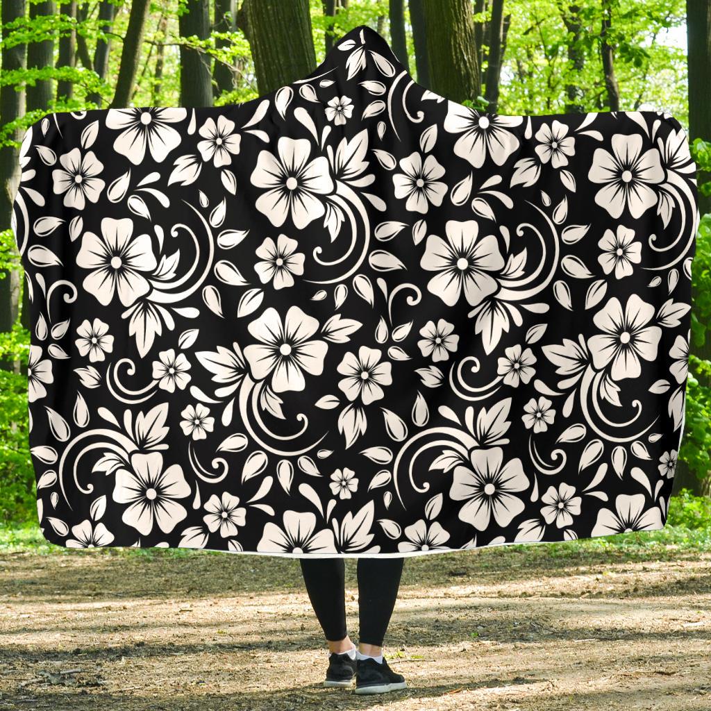 Floral Black White Themed Print Hooded Blanket-JTAMIGO.COM