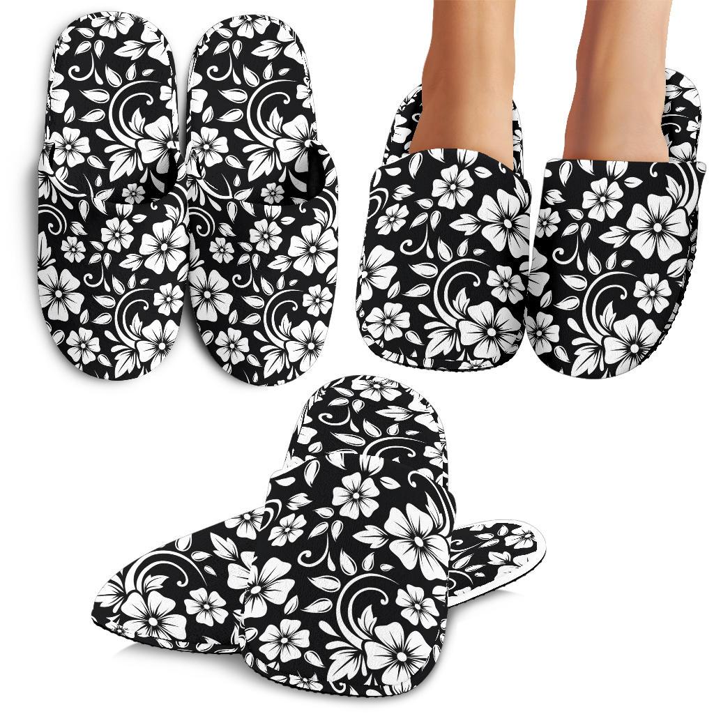 Floral Black White Themed Print House Slippers