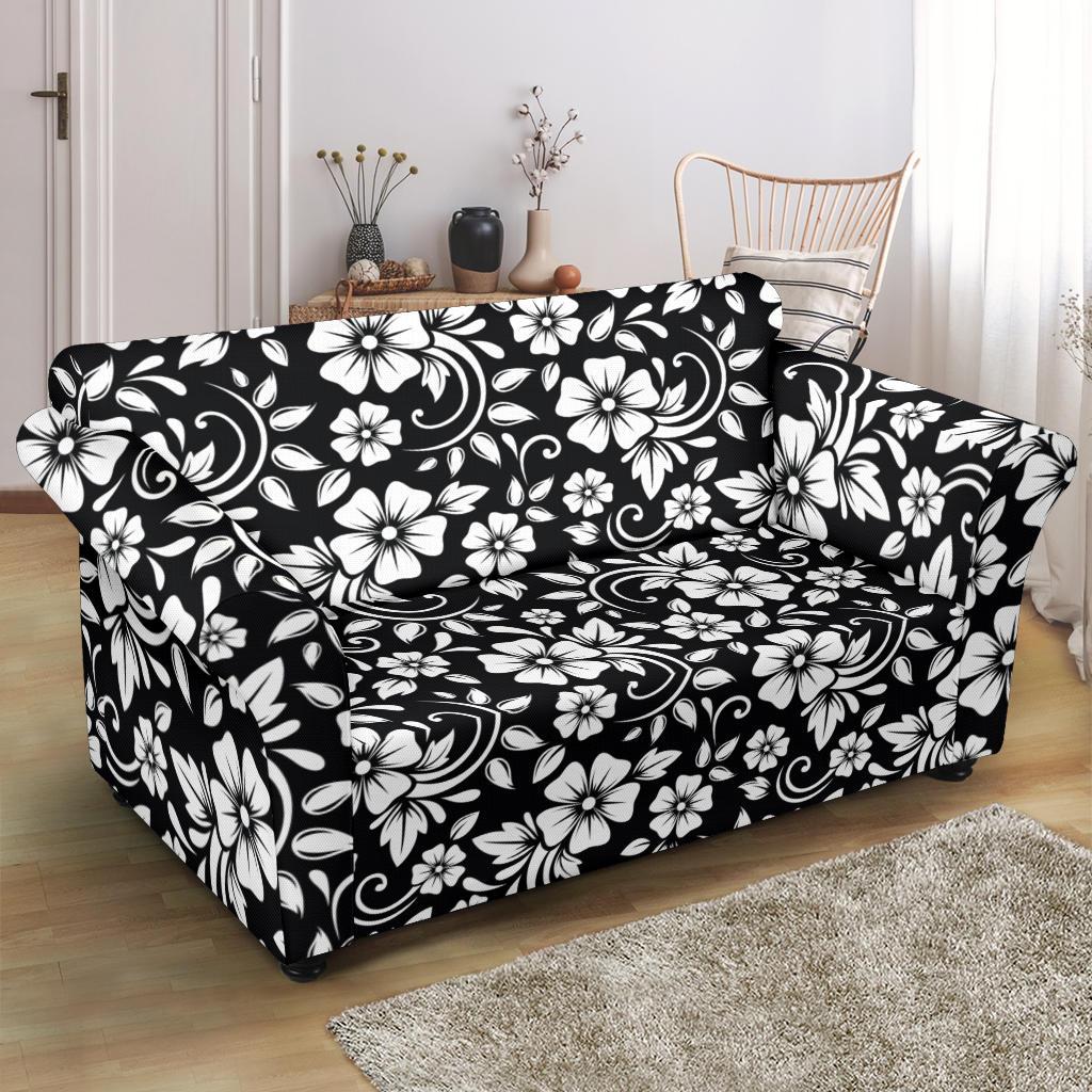 Floral Black White Themed Print Loveseat Slipcover-JTAMIGO.COM