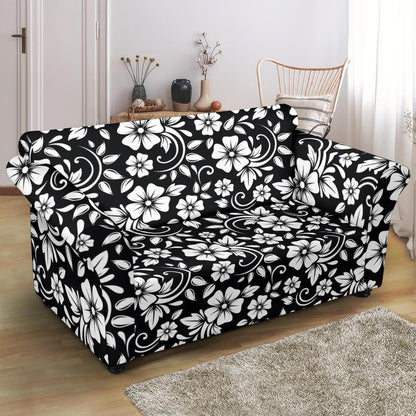 Floral Black White Themed Print Loveseat Slipcover-JTAMIGO.COM