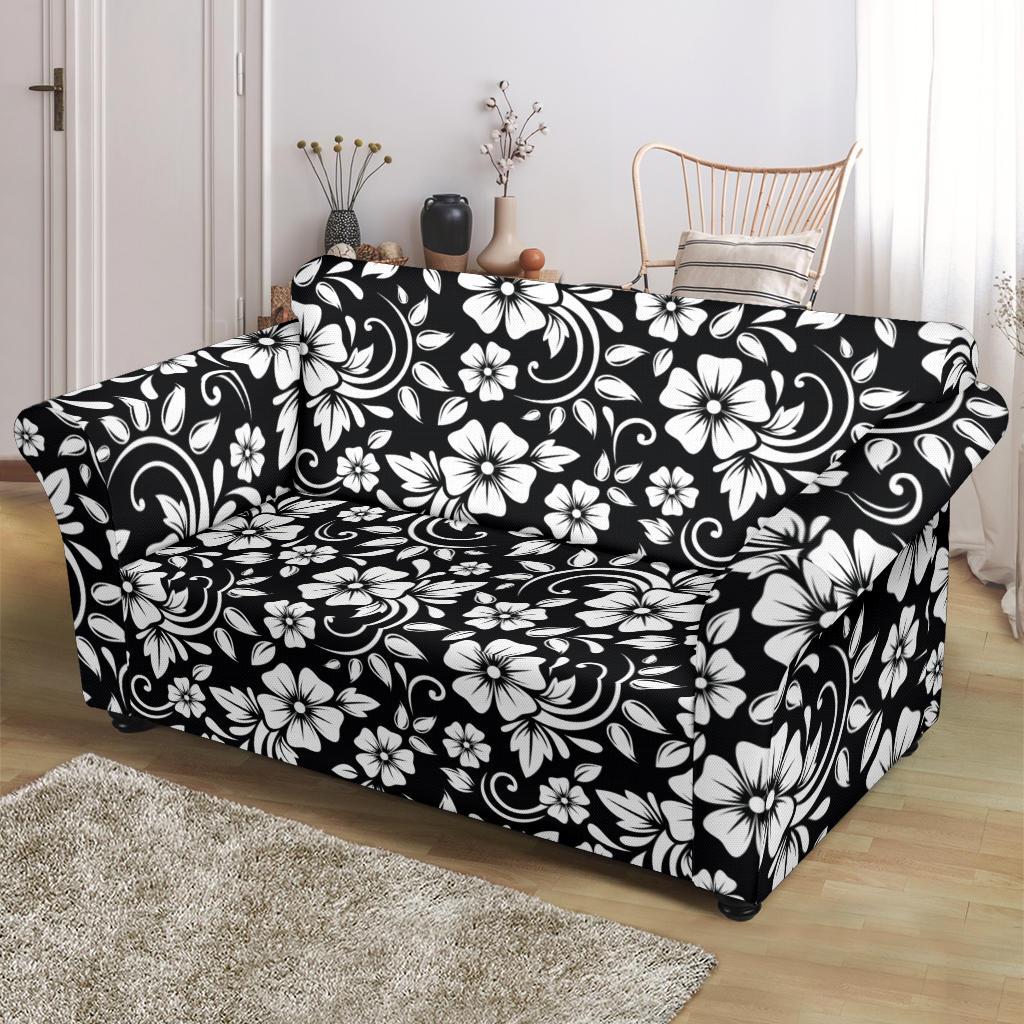 Floral Black White Themed Print Loveseat Slipcover-JTAMIGO.COM