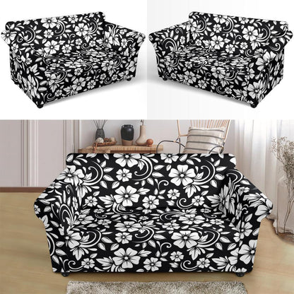 Floral Black White Themed Print Loveseat Slipcover-JTAMIGO.COM