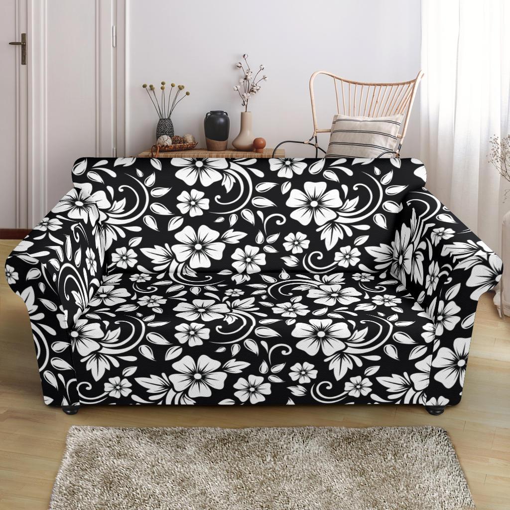 Floral Black White Themed Print Loveseat Slipcover-JTAMIGO.COM