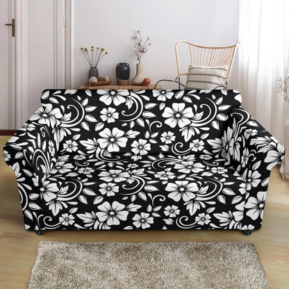 Floral Black White Themed Print Loveseat Slipcover-JTAMIGO.COM