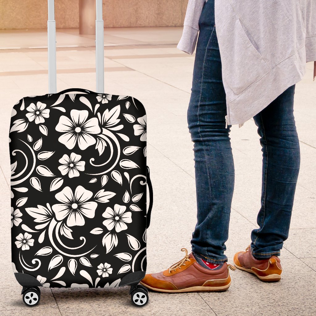 Floral Black White Themed Print Luggage Cover Protector