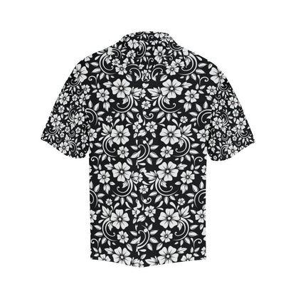 Floral Black White Themed Print Men Aloha Hawaiian Shirt