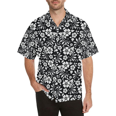 Floral Black White Themed Print Men Aloha Hawaiian Shirt