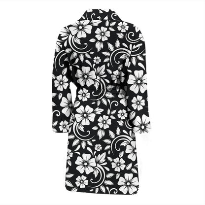 Floral Black White Themed Print Men Bath Robe-JTAMIGO.COM