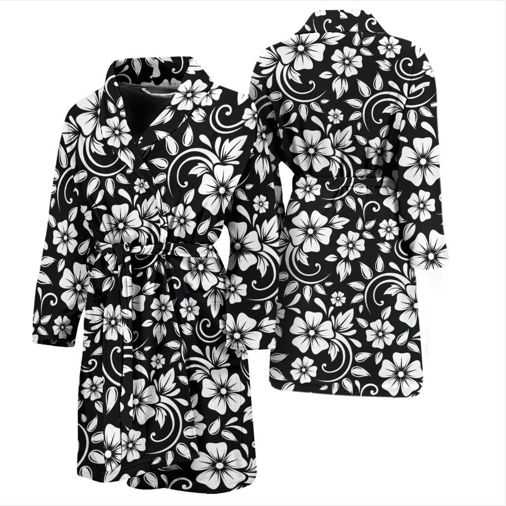 Floral Black White Themed Print Men Bath Robe-JTAMIGO.COM