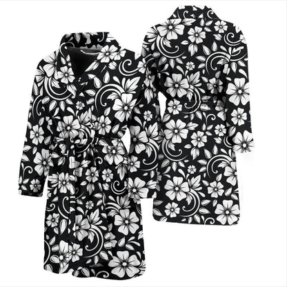 Floral Black White Themed Print Men Bath Robe-JTAMIGO.COM