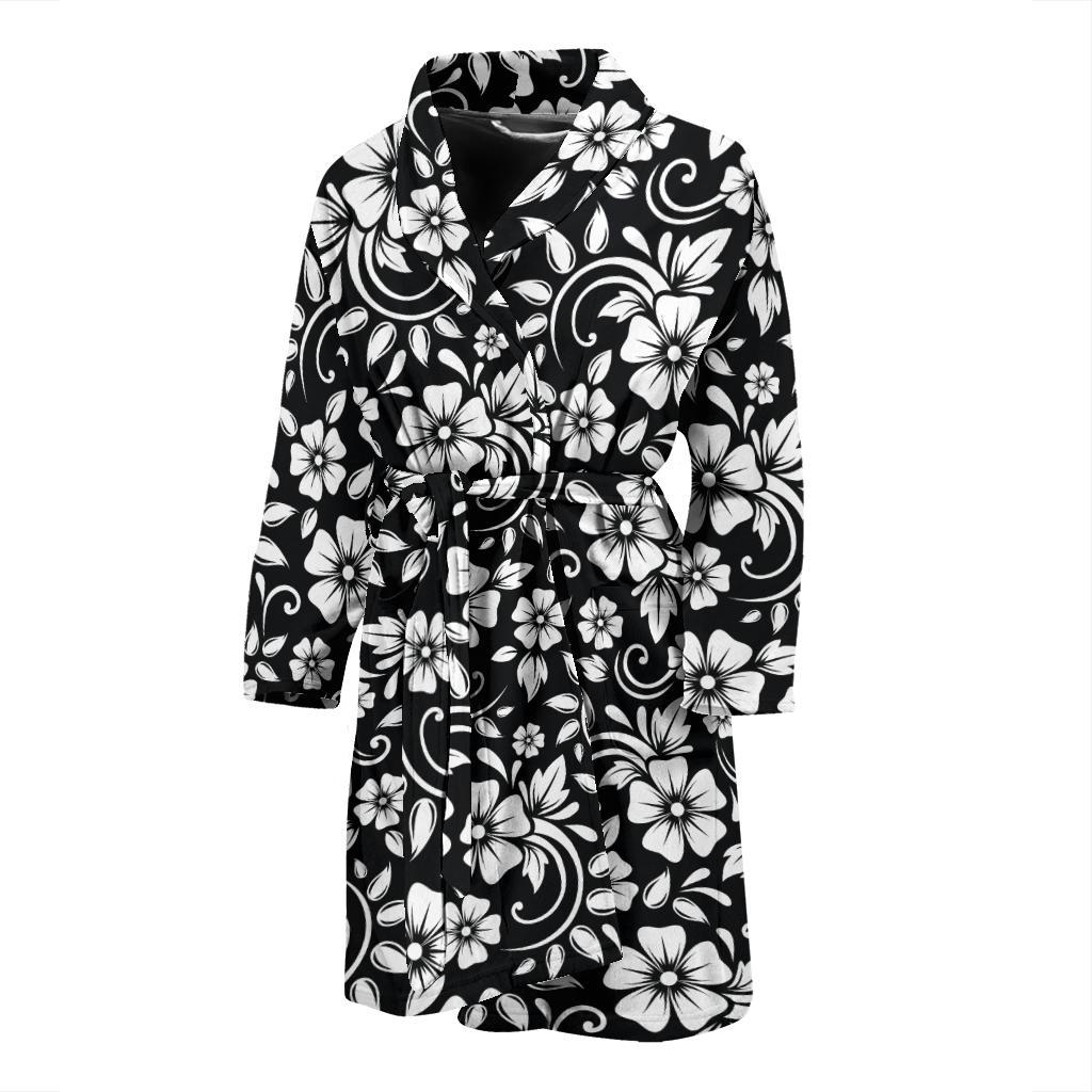 Floral Black White Themed Print Men Bath Robe-JTAMIGO.COM