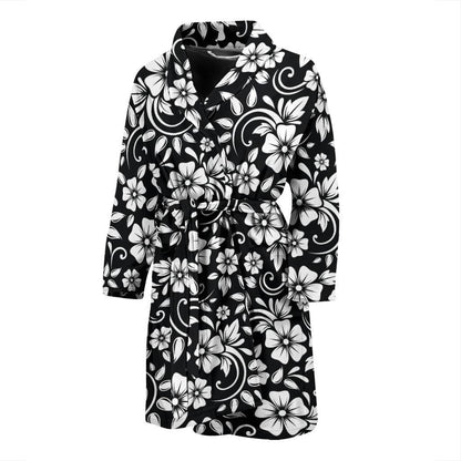 Floral Black White Themed Print Men Bath Robe-JTAMIGO.COM