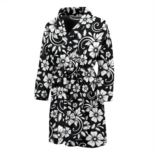 Floral Black White Themed Print Men Bath Robe-JTAMIGO.COM