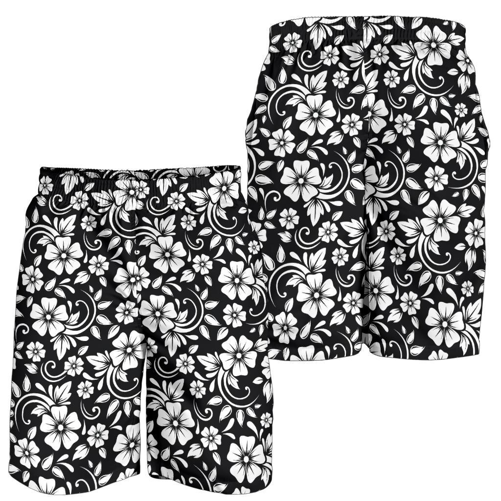 Floral Black White Themed Print Mens Shorts-JTAMIGO.COM
