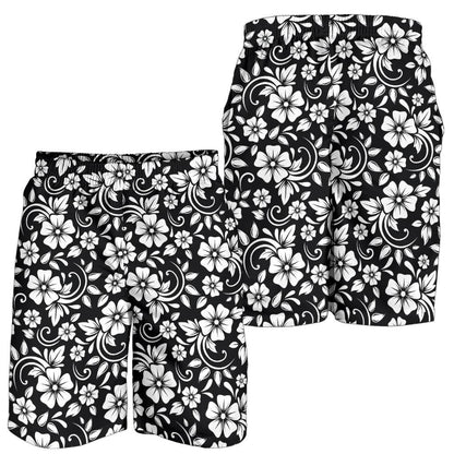 Floral Black White Themed Print Mens Shorts-JTAMIGO.COM