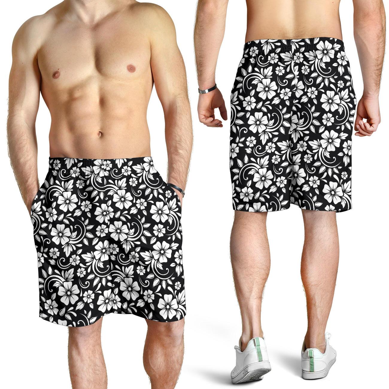 Floral Black White Themed Print Mens Shorts-JTAMIGO.COM