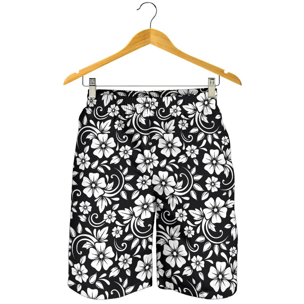 Floral Black White Themed Print Mens Shorts-JTAMIGO.COM