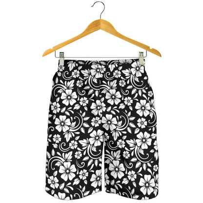 Floral Black White Themed Print Mens Shorts-JTAMIGO.COM