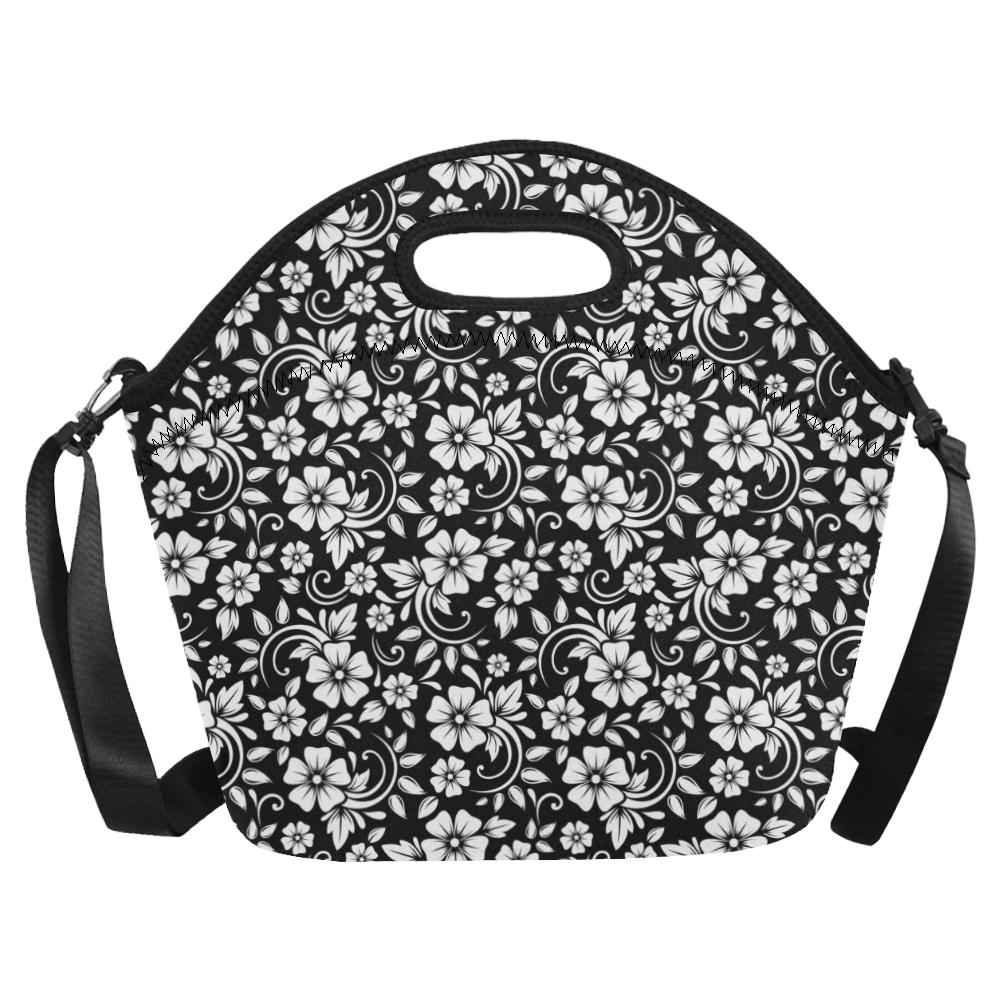 Floral Black White Themed Print Neoprene Lunch Bag (Model 1669)(Large)-JTAMIGO.COM